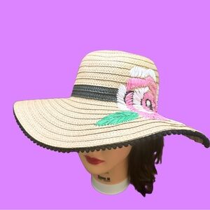 Betsey Johnson Tan Wide Brim Hat with Pink Floral Design